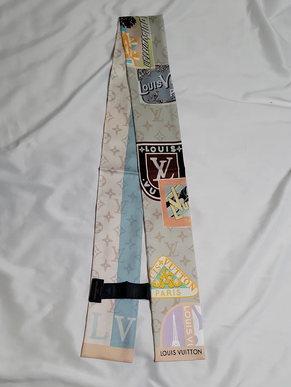 Louis Vuitton Beige, Light Blue & Pastel Logo Twilly Scarf